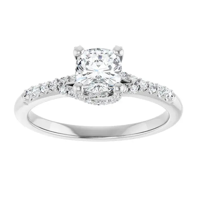 14K White Gold 3/4 CTW Cushion-Cut Diamond Engagement Ring with Hidden Halo and Pave Band