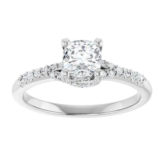 14K White Gold 3/4 CTW Cushion-Cut Diamond Engagement Ring with Hidden Halo and Pave Band
