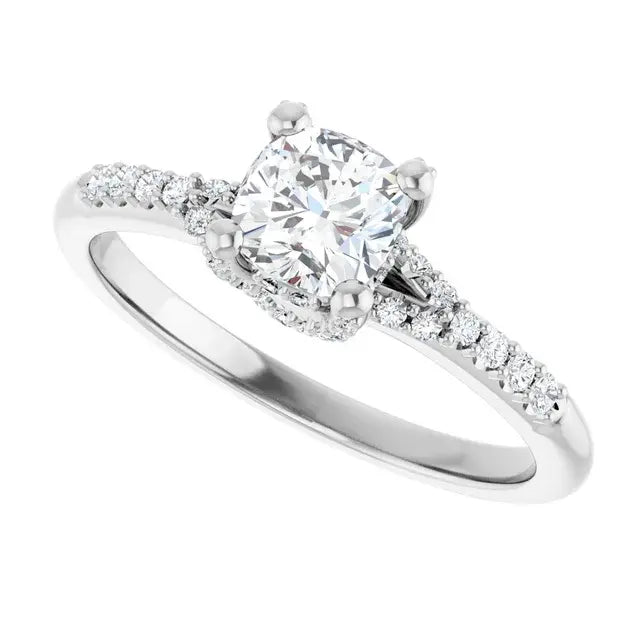 14K White Gold 3/4 CTW Cushion-Cut Diamond Engagement Ring with Hidden Halo and Pave Band