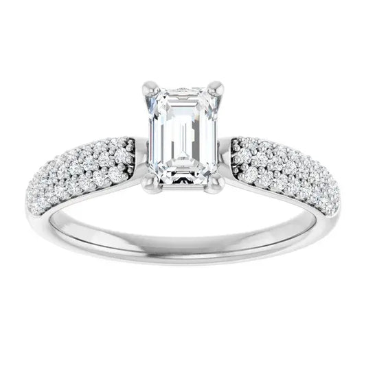 14K White Gold 3/4 CTW Emerald Cut Diamond Engagement Ring with Tapered Pavé Shoulders