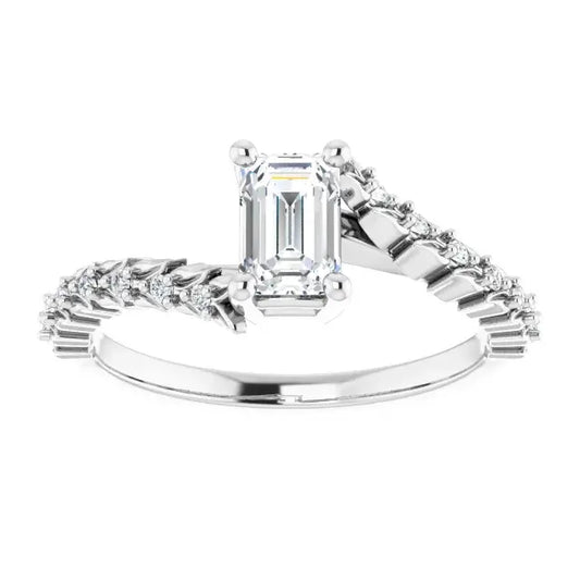 14K White Gold 3/4 CTW Emerald Cut Diamond Engagement Ring with Twisted Leaf and Round Accent Diamonds