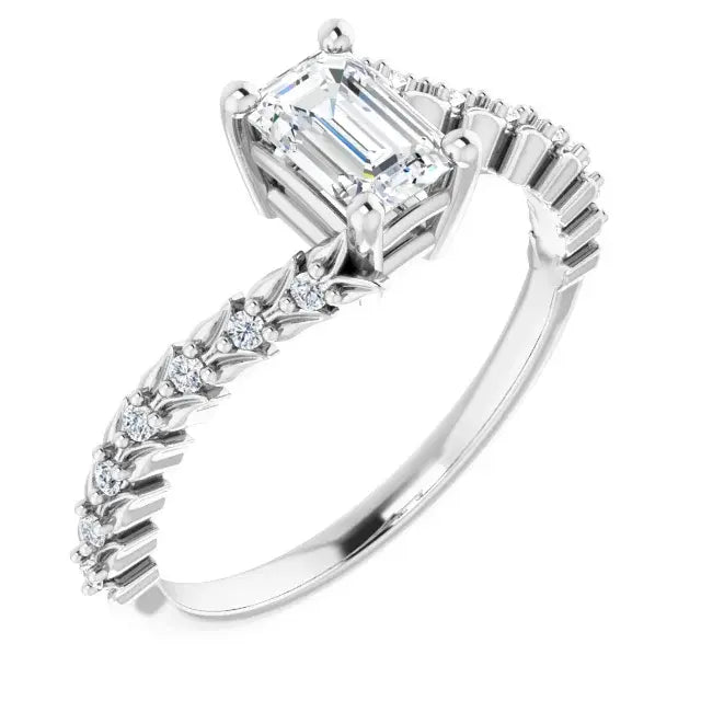 14K White Gold 3/4 CTW Emerald Cut Diamond Engagement Ring with Twisted Leaf and Round Accent Diamonds