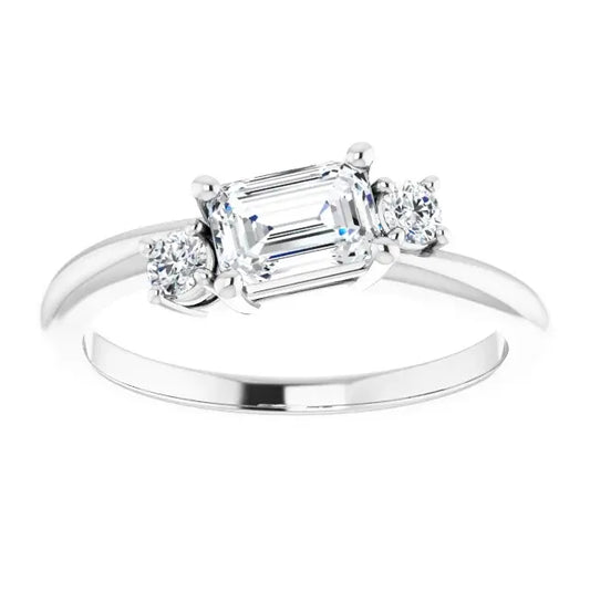 14K White Gold 3/4 CTW Emerald Cut Diamond Three-Stone Engagement Ring with Round Side Accents
