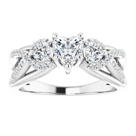 14K White Gold 3/4 CTW Heart Cut Diamond Three-Stone Engagement Ring with Twisted Pavé Accents