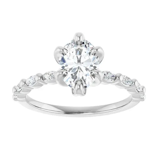 14K White Gold 1 1/4 CTW Oval-Cut Diamond Engagement Ring with Scalloped Band and Six-Prong Setting