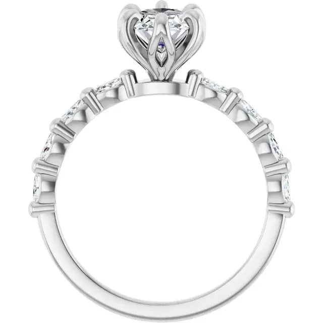 14K White Gold 1 1/4 CTW Oval-Cut Diamond Engagement Ring with Scalloped Band and Six-Prong Setting