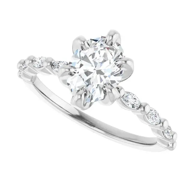 14K White Gold 1 1/4 CTW Oval-Cut Diamond Engagement Ring with Scalloped Band and Six-Prong Setting