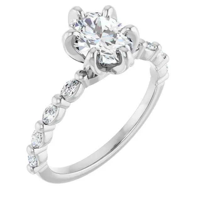 14K White Gold 1 1/4 CTW Oval-Cut Diamond Engagement Ring with Scalloped Band and Six-Prong Setting