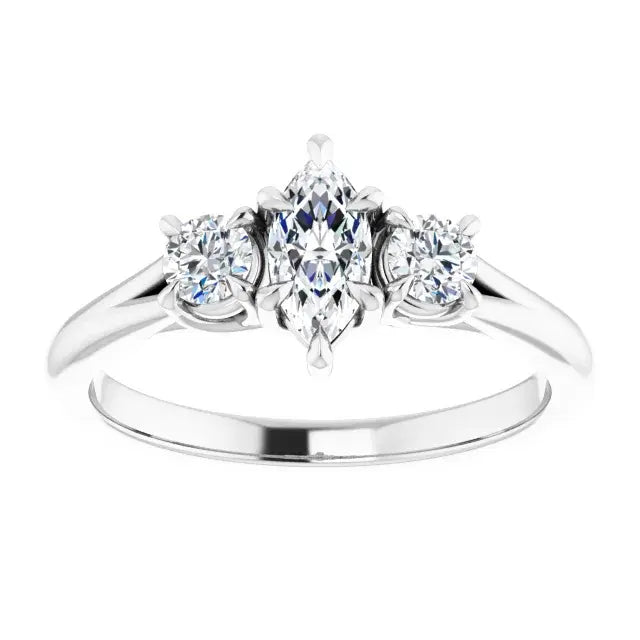 14K White Gold 3/4 CTW Marquise-Cut Diamond Three-Stone Engagement Ring with Round Side Accents