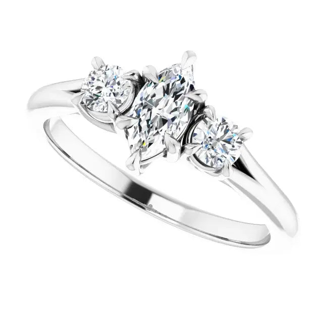 14K White Gold 3/4 CTW Marquise-Cut Diamond Three-Stone Engagement Ring with Round Side Accents