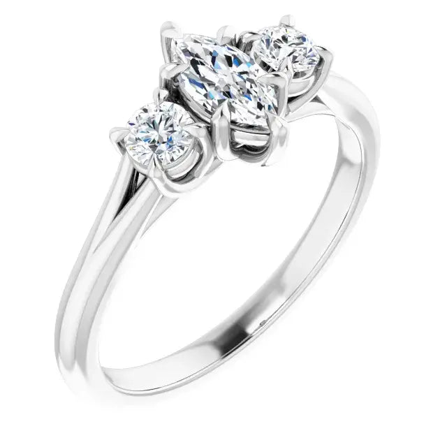14K White Gold 3/4 CTW Marquise-Cut Diamond Three-Stone Engagement Ring with Round Side Accents