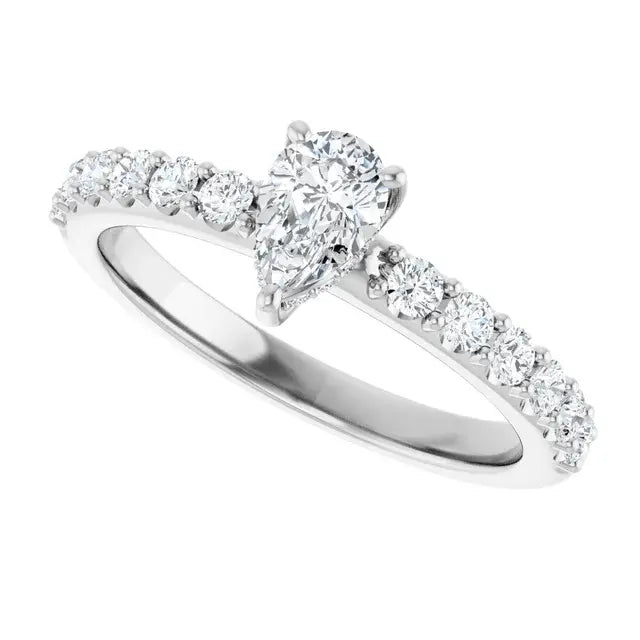 14K White Gold 3/4 CTW Pear-Shaped Diamond Engagement Ring with Pavé Band