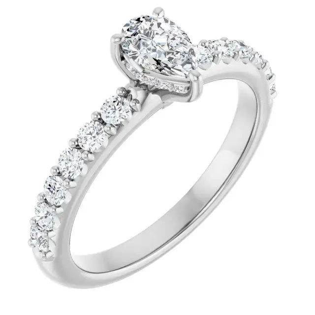 14K White Gold 3/4 CTW Pear-Shaped Diamond Engagement Ring with Pavé Band
