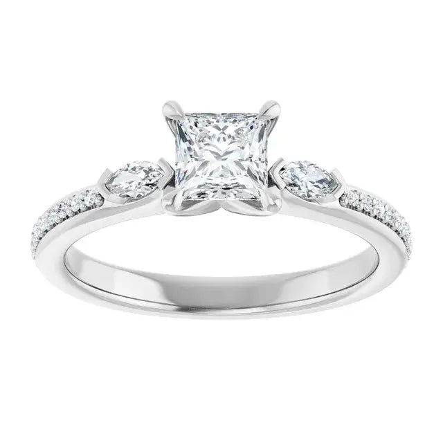 14K White Gold 3/4 CTW Princess-Cut Diamond Three-Stone Engagement Ring with Marquise Accents