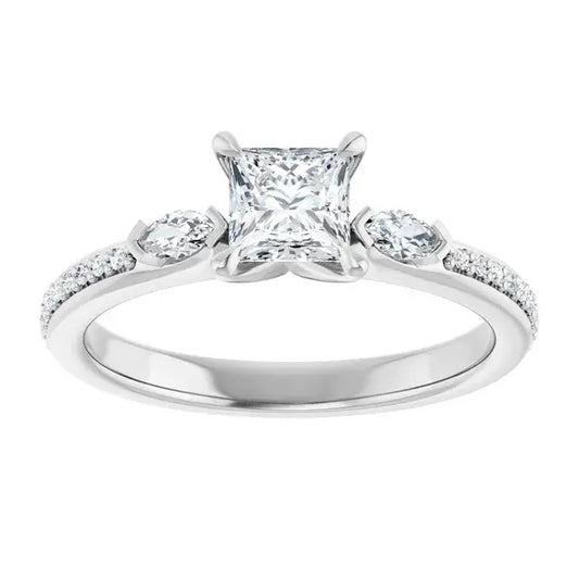14K White Gold 3/4 CTW Princess-Cut Diamond Three-Stone Engagement Ring with Marquise Accents