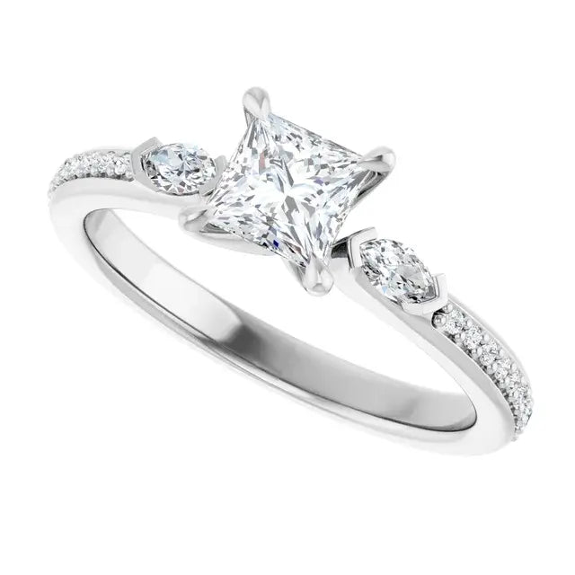 14K White Gold 3/4 CTW Princess-Cut Diamond Three-Stone Engagement Ring with Marquise Accents