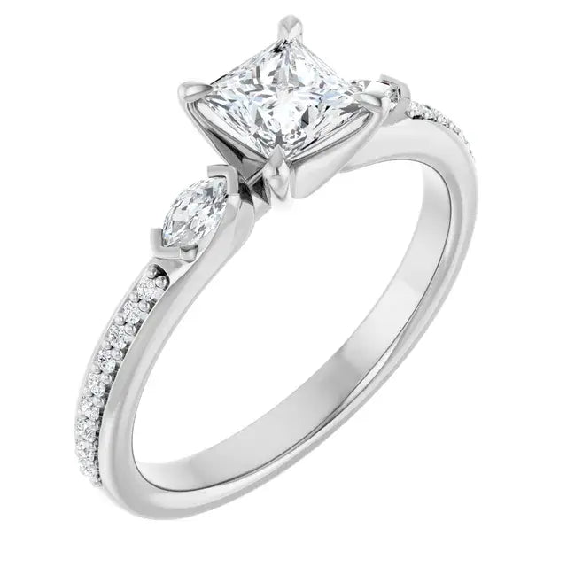 14K White Gold 3/4 CTW Princess-Cut Diamond Three-Stone Engagement Ring with Marquise Accents