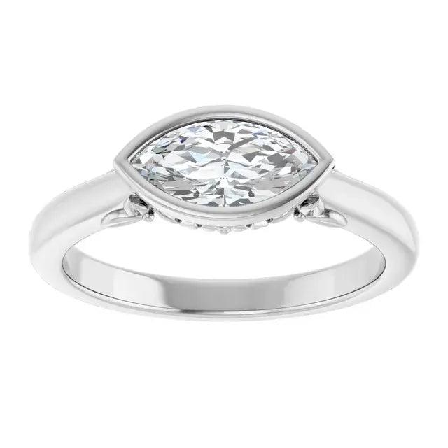 14K White Gold 3/4 CT Marquise-Cut Diamond Engagement Ring with Bezel Setting