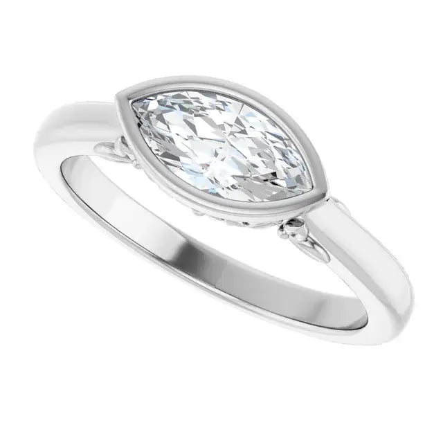 14K White Gold 3/4 CT Marquise-Cut Diamond Engagement Ring with Bezel Setting