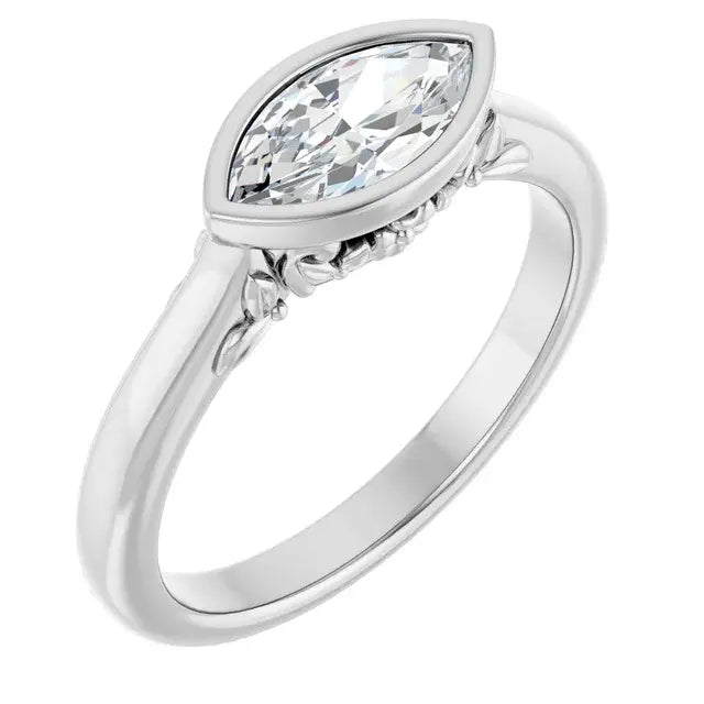14K White Gold 3/4 CT Marquise-Cut Diamond Engagement Ring with Bezel Setting