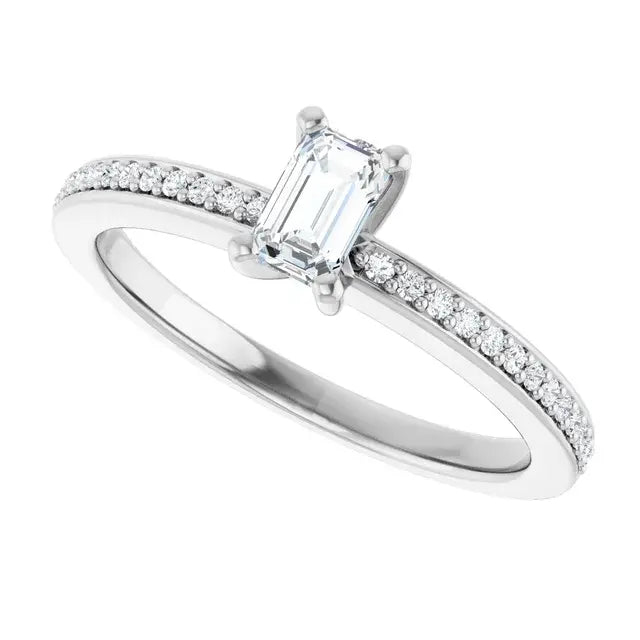 14K White Gold 3/8 CTW Emerald-Cut Diamond Engagement Ring with Pave Band