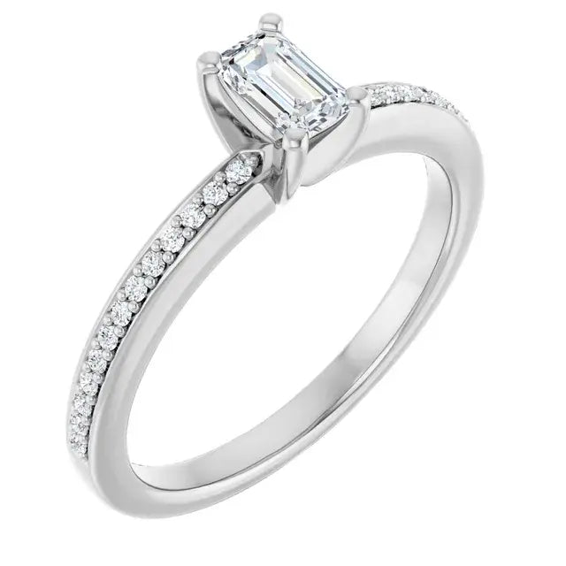 14K White Gold 3/8 CTW Emerald-Cut Diamond Engagement Ring with Pave Band