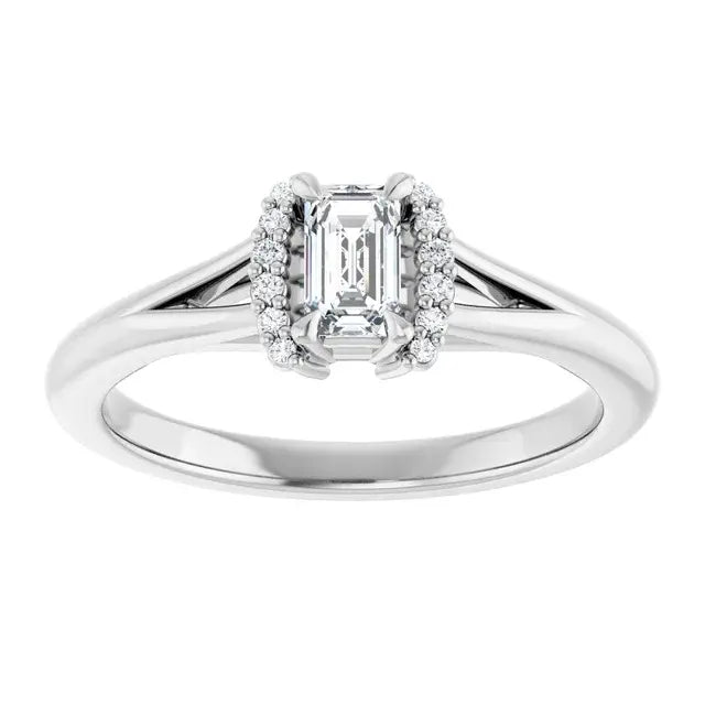 14K White Gold 3/8 CTW Emerald-Cut Diamond Engagement Ring with Split Shank and Halo Accents