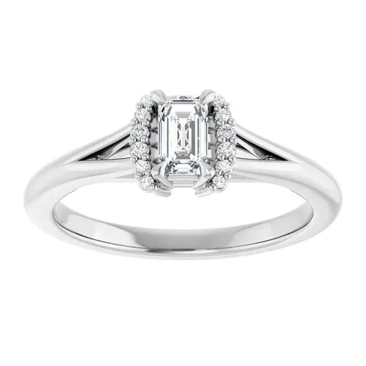 14K White Gold 3/8 CTW Emerald-Cut Diamond Engagement Ring with Split Shank and Halo Accents