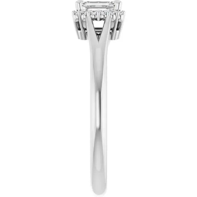 14K White Gold 3/8 CTW Emerald-Cut Diamond Engagement Ring with Split Shank and Halo Accents