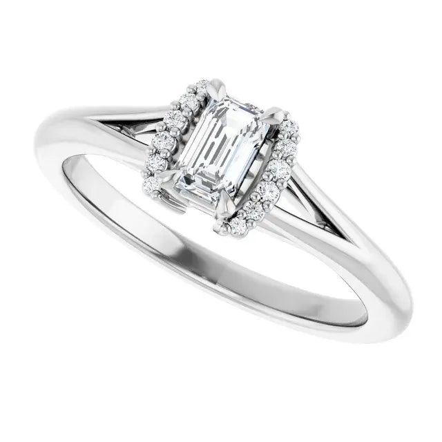 14K White Gold 3/8 CTW Emerald-Cut Diamond Engagement Ring with Split Shank and Halo Accents