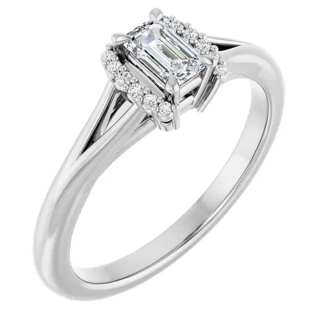 14K White Gold 3/8 CTW Emerald-Cut Diamond Engagement Ring with Split Shank and Halo Accents