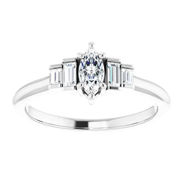 14K White Gold 3/8 CTW Marquise-Cut Diamond Engagement Ring with Baguette Side Accents