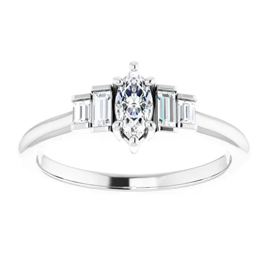 14K White Gold 3/8 CTW Marquise-Cut Diamond Engagement Ring with Baguette Side Accents