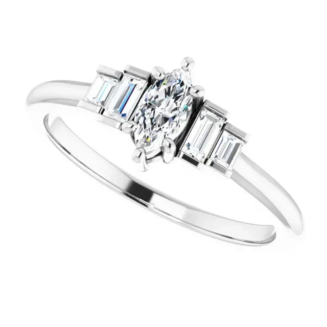 14K White Gold 3/8 CTW Marquise-Cut Diamond Engagement Ring with Baguette Side Accents