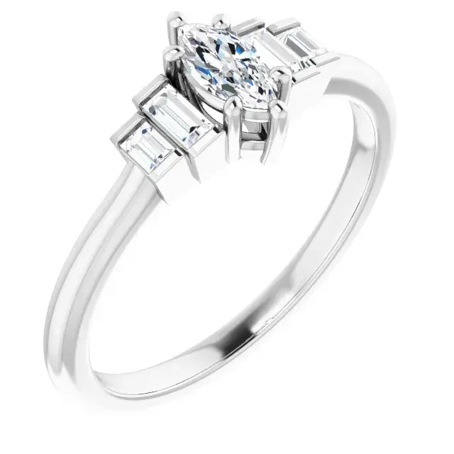 14K White Gold 3/8 CTW Marquise-Cut Diamond Engagement Ring with Baguette Side Accents