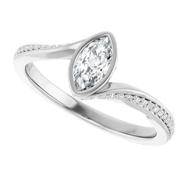 14K White Gold 3/8 CTW Marquise Cut Diamond Engagement Ring with Twisted Pavé Band and Bezel Setting