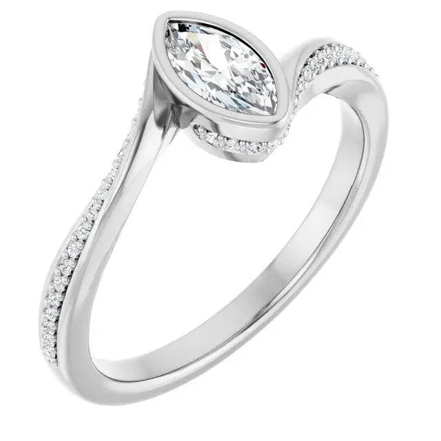14K White Gold 3/8 CTW Marquise Cut Diamond Engagement Ring with Twisted Pavé Band and Bezel Setting