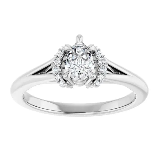 14K White Gold 3/8 CTW Oval Diamond Engagement Ring with Split Shank and Halo Accents
