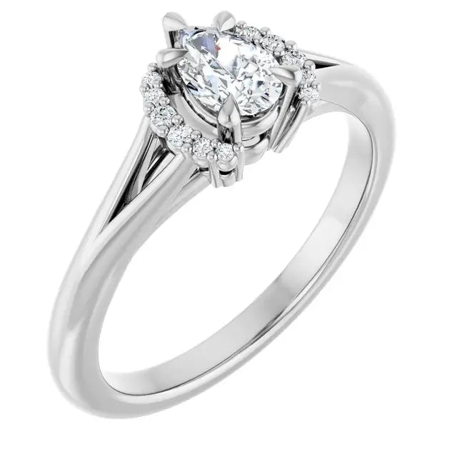 14K White Gold 3/8 CTW Oval Diamond Engagement Ring with Split Shank and Halo Accents