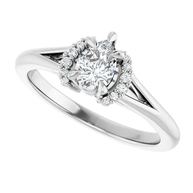14K White Gold 3/8 CTW Oval Diamond Engagement Ring with Split Shank and Halo Accents
