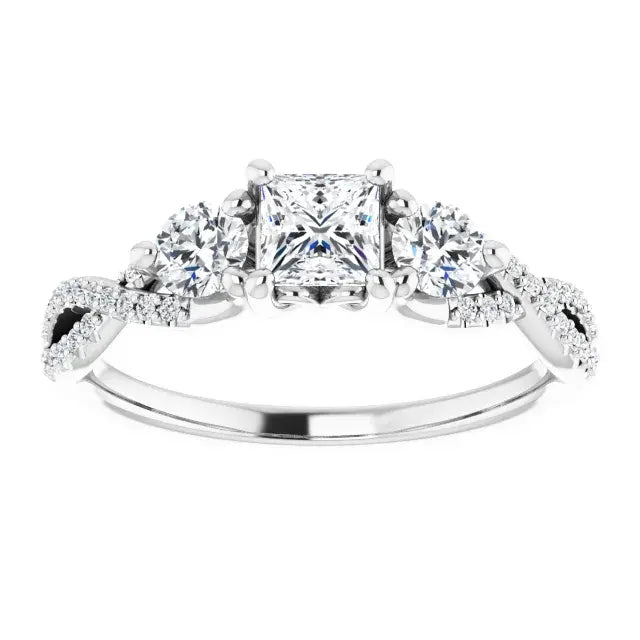 14K White Gold 3/8 CTW Princess-Cut Diamond Three-Stone Engagement Ring with Twisted Pave Band
