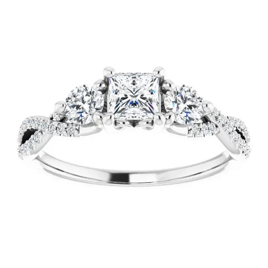 14K White Gold 3/8 CTW Princess-Cut Diamond Three-Stone Engagement Ring with Twisted Pave Band