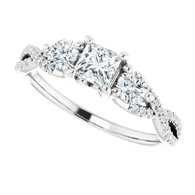 14K White Gold 3/8 CTW Princess-Cut Diamond Three-Stone Engagement Ring with Twisted Pave Band