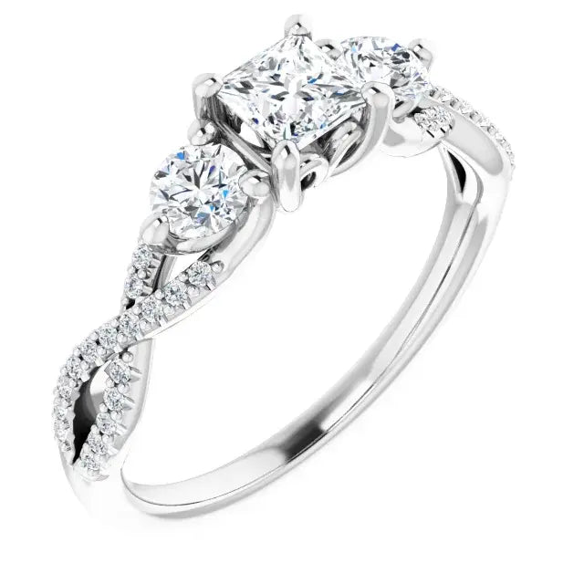 14K White Gold 3/8 CTW Princess-Cut Diamond Three-Stone Engagement Ring with Twisted Pave Band
