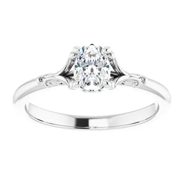 14K White Gold 3/8 CT Oval-Cut Diamond Engagement Ring with Vintage Filigree Accents