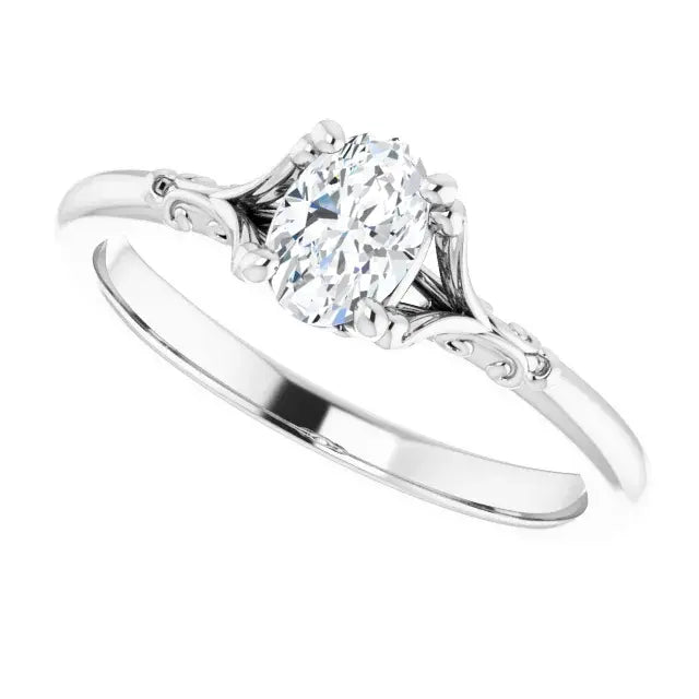 14K White Gold 3/8 CT Oval-Cut Diamond Engagement Ring with Vintage Filigree Accents