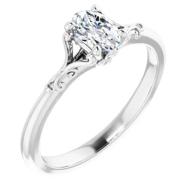 14K White Gold 3/8 CT Oval-Cut Diamond Engagement Ring with Vintage Filigree Accents