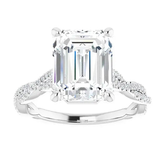 14K White Gold 3 9/10 CTW Emerald Cut Diamond Engagement Ring with Twisted Pavé Band