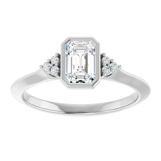 14K White Gold 5/8 CTW Emerald-Cut Diamond Engagement Ring with Bezel Setting and Round Side Accents