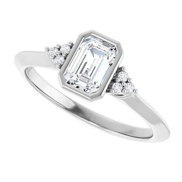 14K White Gold 5/8 CTW Emerald-Cut Diamond Engagement Ring with Bezel Setting and Round Side Accents